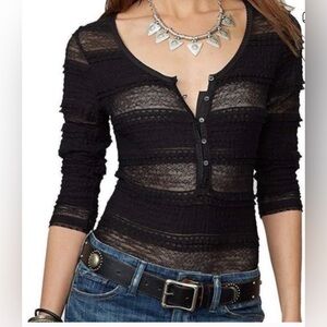Ralph Lauren Black Sheer Lace Henley Top - Women